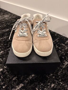 CHANEL Womens Suede Sneakers in Beige with Logo Laces